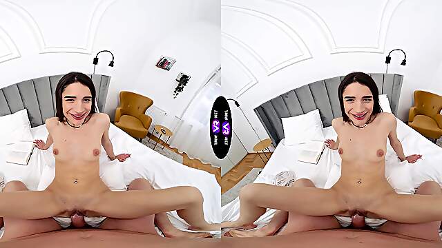 POV, Virtual Reality, Teen, Brunette, Bed, Spread legs, Shaved pussy, Small tits, Moaning, Riding